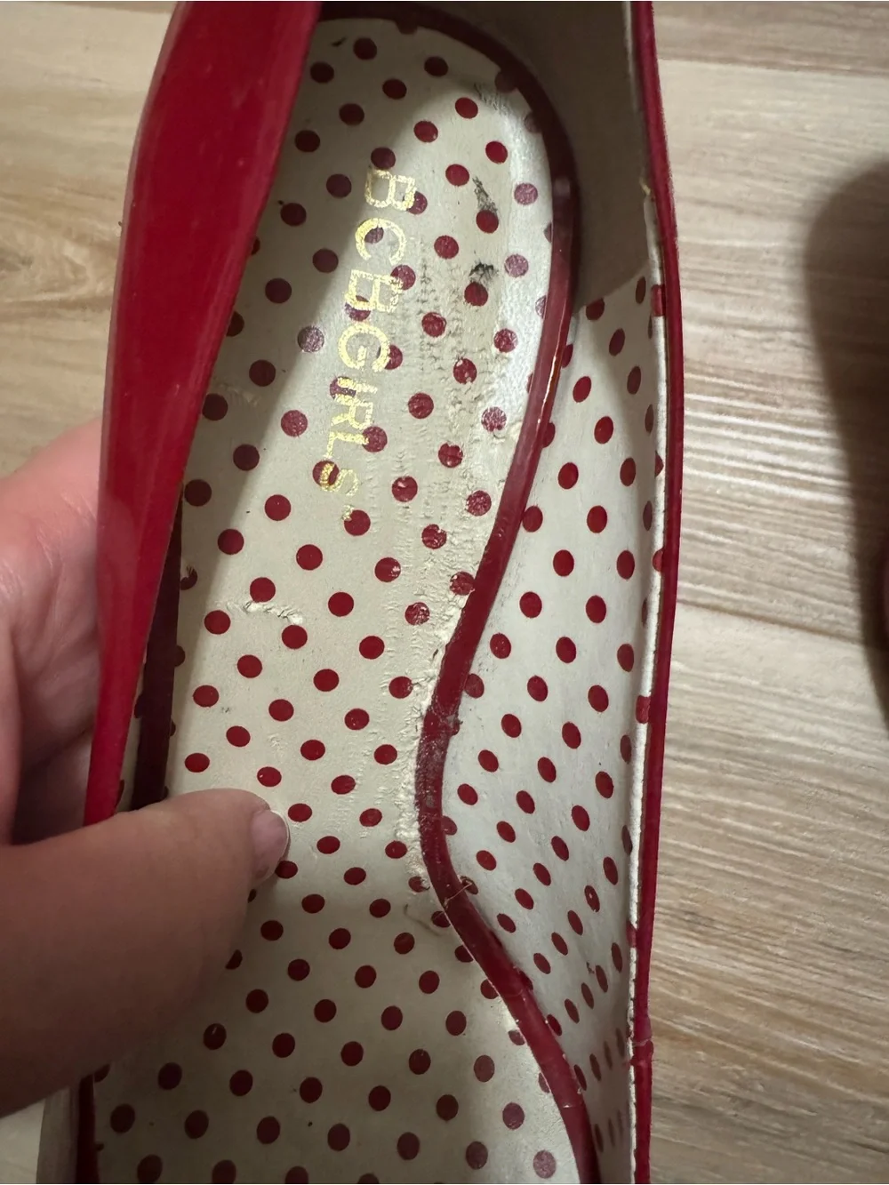 BCBGIRLS Red Patent Leather Peep Toe Heels Polka Dot Size 8B / 38